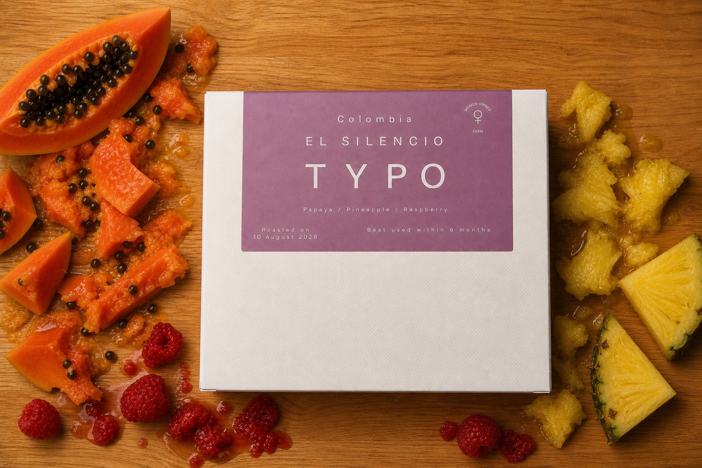 El Silencio specialty coffee styled with papaya, pineapple and raspberry