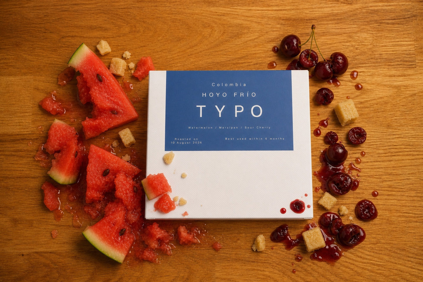 Hoyo Frío specialty coffee styled with watermelon, marzipan and sour cherry