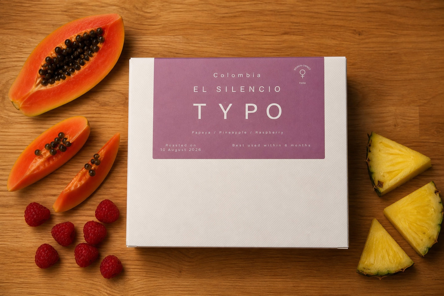 El Silencio Colombian coffee box with papaya, pineapple and raspberry tasting notes