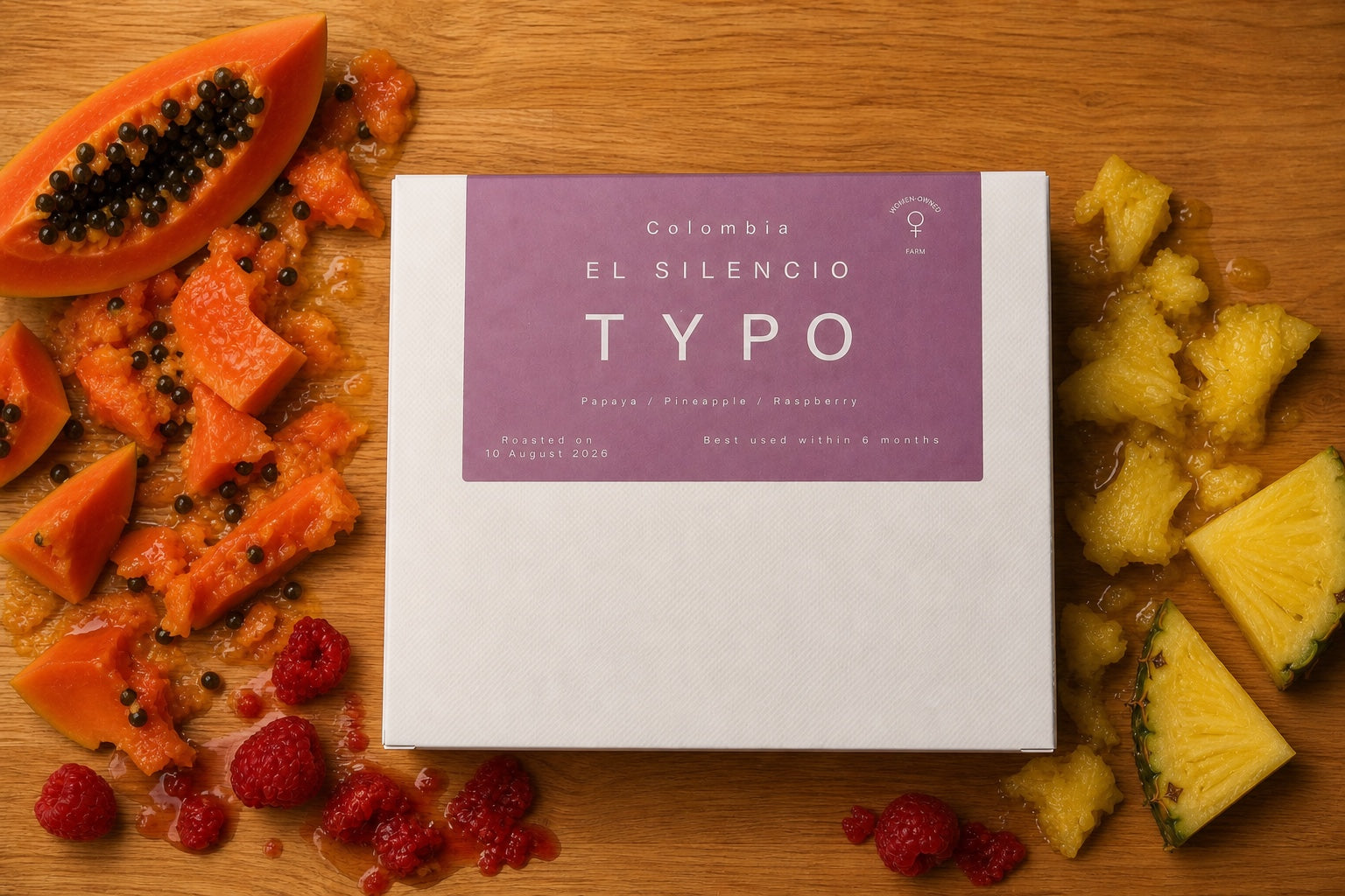 El Silencio specialty coffee styled with papaya, pineapple and raspberry