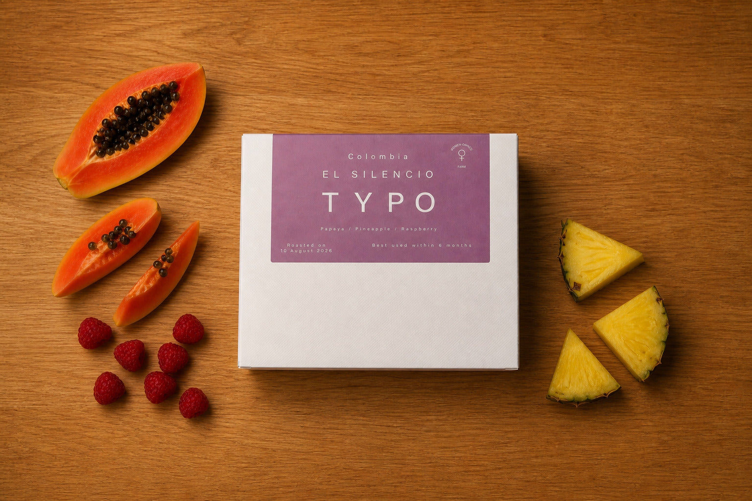 El Silencio Colombian coffee box with papaya, pineapple and raspberry tasting notes